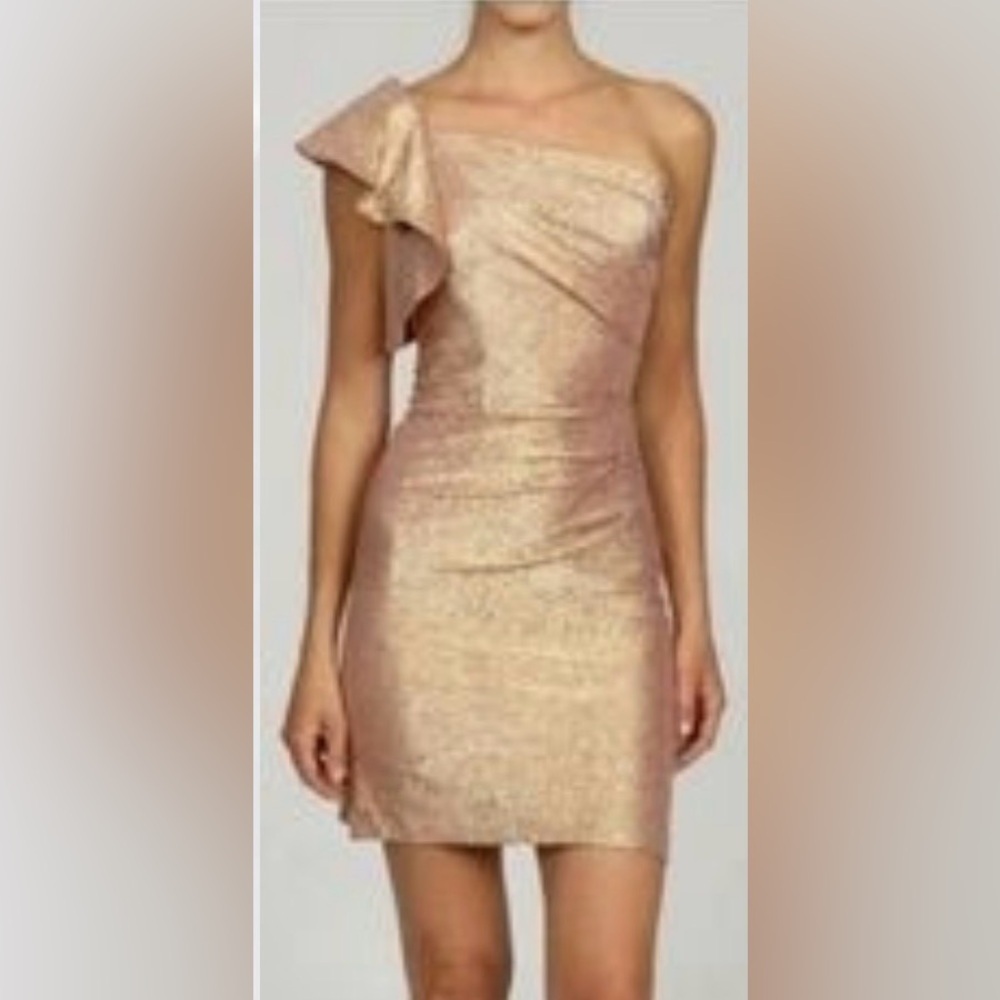 Hailey Logan for Adrianna Papell Shimmer Gold Pink One Shoulder Cocktail Dress